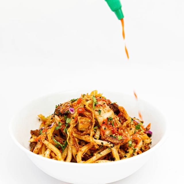 Spicy kimchi noodles.